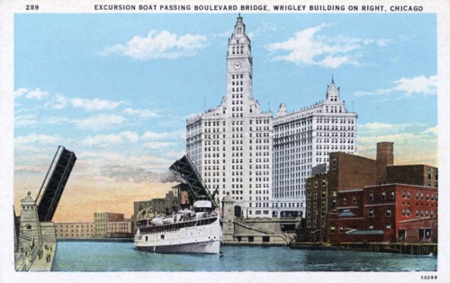 'Excursion Boat Passing Boulevard Bridge, Wrigley Building on Right, Chicago', postcard, c1924. Artist: Unknown