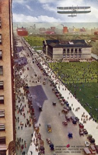 'Brookins in His Aeroplane over Art Institute and Grant Park, Chicago', postcard, 1910. Artist: Unknown