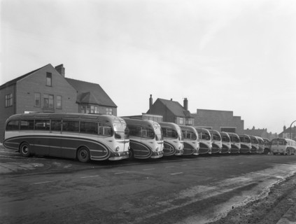Fleet of Phillipson's coaches, Goldthorpe, South Yorkshire, 1963.  Artist: Michael Walters