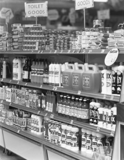 Cleaning products on supermarket shelves, 1966. Artist: Michael Walters