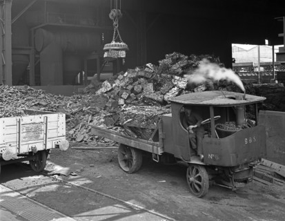 Loading a steam wagon with scrap at a steel foundry, Sheffield, South Yorkshire, 1965. Artist: Michael Walters