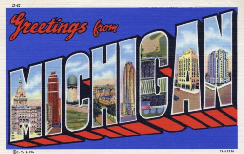 'Greetings from Michigan', postcard, 1937. Artist: Unknown