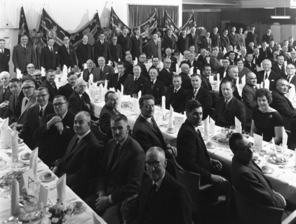Members of the Royal Army Ordnance Corps (RAOC) gather for their annual dinner, 1965. Artist: Michael Walters