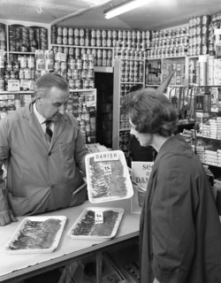 New metric system of selling bacon, Stocksbridge, Sheffield, South Yorkshire, 1966. Artist: Michael Walters