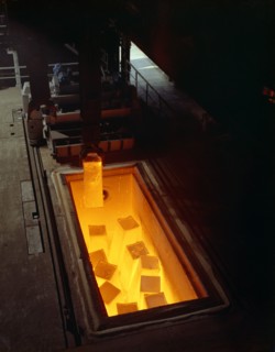 Soaking pits with red hot steel ingots, Sheffield, South Yorkshire, 1965. Artist: Michael Walters