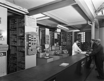 Shop counter, Globe & Simpson auto electrical engineers, Nottingham, Nottinghamshire, 1961.  Artist: Michael Walters