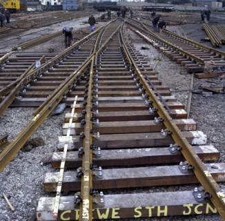 Engineers fabricating a rail junction for the Crewe South Junction before delivery, 1977. Artist: Michael Walters