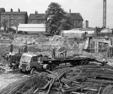 An AEC Mammoth Major on the building site for Sheffield University, 1960. Artist: Michael Walters