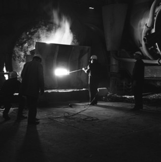 Testing temperature of molten steel, Park Gate Iron & Steel Co, Rotherham, South Yorkshire, 1964. Artist: Michael Walters
