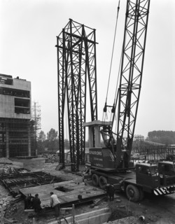 Preparing to lift a fabricated section on the site of Coleshill Gas Works, Warwickshire, 1962. Artist: Michael Walters