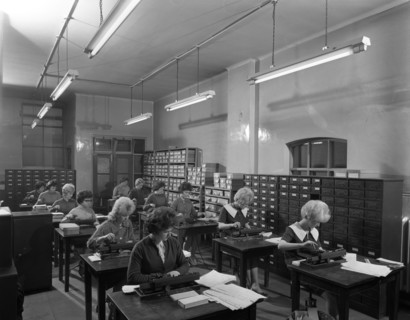 Tabulating machines in the punch room in a Sheffield Factory office, 1963.  Artist: Michael Walters