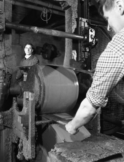 Grinding two metre saw blades at Slack Sellars & Co Ltd, Sheffield, South Yorkshire, 1963. Artist: Michael Walters
