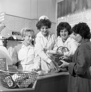 Checkout girls at a supermarket opening, Brough's Ltd, Thurnscoe, South Yorkshire, 1963. Artist: Michael Walters