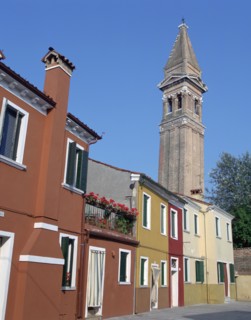 Campanile of the Church of San Martino and painted houses, Burano, Venice, Italy.