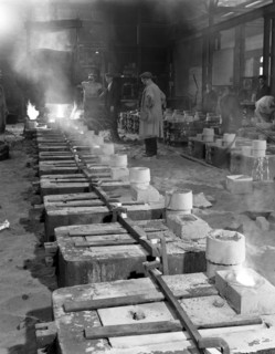 Pouring small castings, Edgar Allen Steel Co, Sheffield, South Yorkshire, 1963.  Artist: Michael Walters