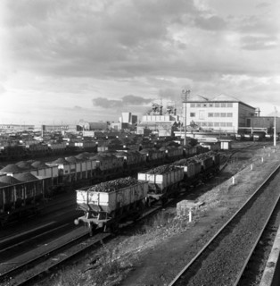 Rail trucks loaded with coal leaving Lynemouth Colliery, Northumberland, 1963.  Artist: Michael Walters