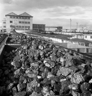 Rail trucks loaded with coal leaving Lynemouth Colliery, Northumberland, 1963.  Artist: Michael Walters