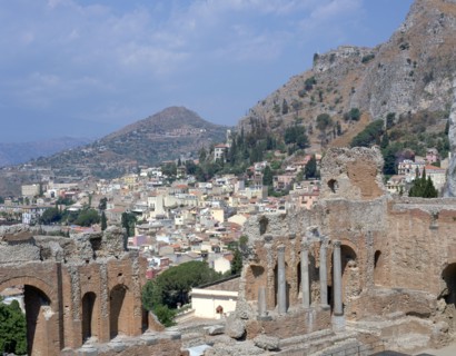 Greek theatre and town, Taormina, Sicily, Italy.