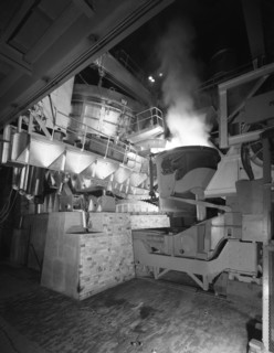 Steel pour from an electric arc furnace, Park Gate Iron & Steel Co, Rotherham, Yorkshire, 1964.  Artist: Michael Walters
