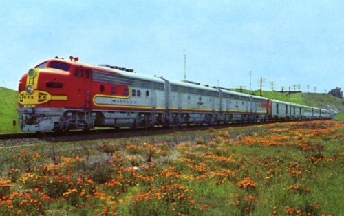 Santa Fe's 'Super Chief' passing a field of California poppies, 1956. Artist: Unknown