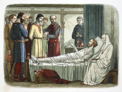 Richard I of England pardons the archer who shot him, 1199 (1864).  Artist: James William Edmund Doyle