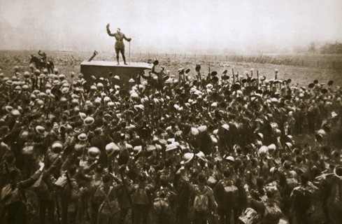 Colonel and men of the 9th East Surrey Regiment cheering the King, France, 12 November, 1918. Artist: Unknown