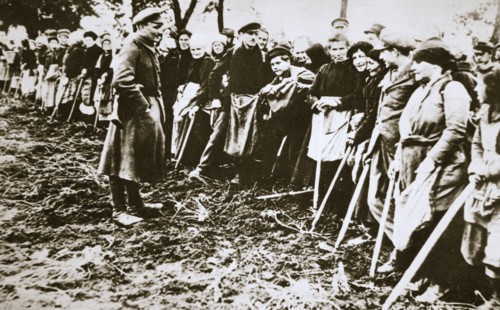 Townsfolk wait to scour the fields for potatoes left by farmers, Germany, World War I, c1914-c1918. Artist: Unknown