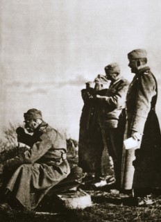 King Peter I of Serbia watching the retreat of his defeated army, 1914. Artist: Unknown