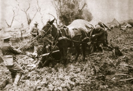 A British ammunition column finds it hard going, World War I, c1914-c1918. Artist: Unknown