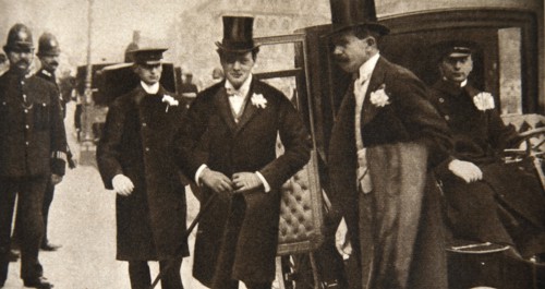 Winston Churchill arriving at the doors of St Margaret's, Westminster, on his wedding day, 1908. Creator: Unknown.