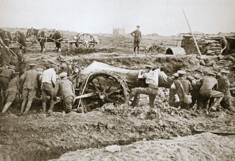 Manoeuvring a big gun in the mud, Somme campaign, France, World War I, 1916. Artist: Unknown