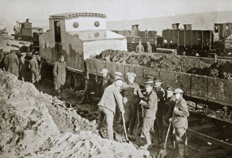 British armoured railway engine, France, World War I, 1916. Artist: Unknown