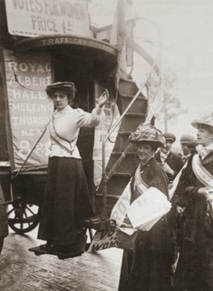 Barbara Ayrton, British suffragette, campaigning on the Votes for Women bus, October 1909. Artist: Unknown