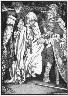 'Olaf took the old woman in his arms', 10th or 11th century (1913). Artist: Morris Meredith Williams