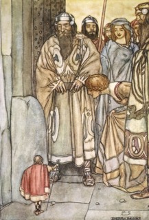 'They all trooped out, lords and ladies, to view the wee man', c1910.  Artist: Stephen Reid