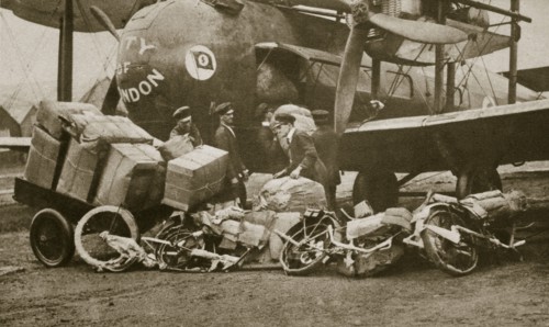 Loading Vickers-Vimy aircraft 'City of London' with motorbike frames for Cologne, c1919-c1929(?) Artist: Unknown
