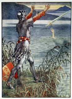 'Sir Bedivere casts the sword Excalibur into the Lake', 1911. Artist: Unknown