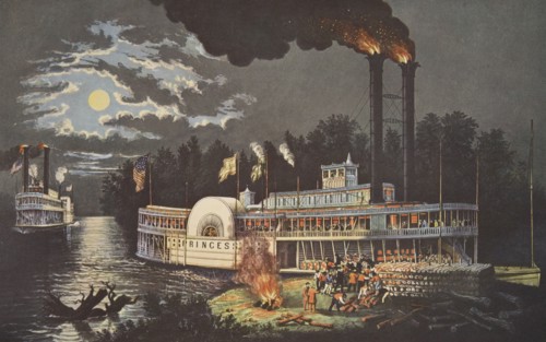 'Wooding Up' On The Mississippi, pub. 1863, Currier & Ives (Colour Lithograph)