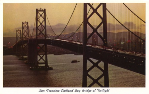 San Francisco-Oakland Bay Bridge at Twilight, San Francisco, California, USA, 1957. Artist: Unknown