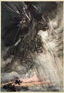 'Raging, Wotan Rides to the Rock! Like a Storm-wind he comes!', 1910.  Artist: Arthur Rackham