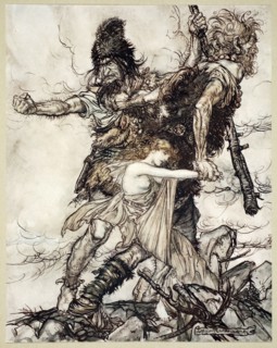 'Fasolt suddenly seizes Freia and drags her to one side with Fafner', 1910.  Artist: Arthur Rackham