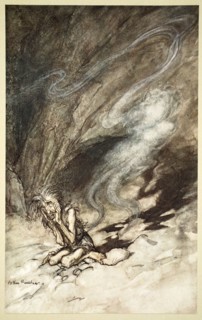 'Mime writhes under the lashes he receives', 1910.  Artist: Arthur Rackham
