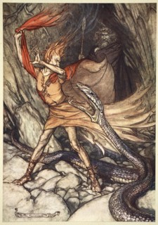 'Ohe! Ohe! Horrible dragon, O swallow me not! Spare the life of poor Loge!', 1910.  Artist: Arthur Rackham