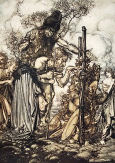 'Fafner: 'Hey! Come hither, And stop me this cranny!'', 1910.  Artist: Arthur Rackham