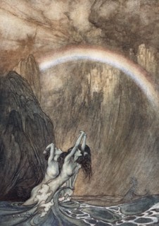 'The Rhine's fair children, Bewailing their lost gold, weep', 1910.  Artist: Arthur Rackham