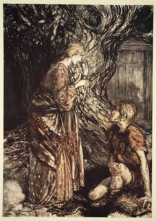'This healing and honeyed draught of Mead deign to accept from me', 1910.  Artist: Arthur Rackham