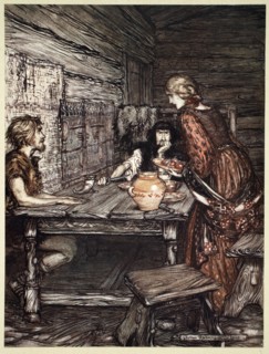 'Hunding discovers the likeness between Siegmund and Sieglunde', 1910.  Artist: Arthur Rackham