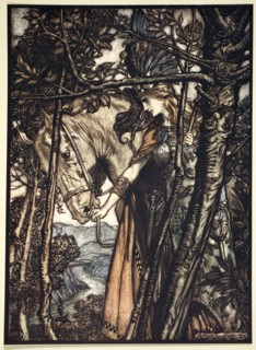 'Brunnhilde slowly and silently leads her horse down the path to the cave', 1910.  Artist: Arthur Rackham