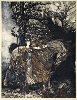 'Brunnhilde with her horse at the mouth of the cave', 1910.  Artist: Arthur Rackham