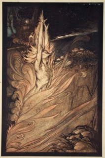 'Appear, flickering fire, Encircle the rock with thy flame! Loge! Loge! Appear!', 1910.  Artist: Arthur Rackham